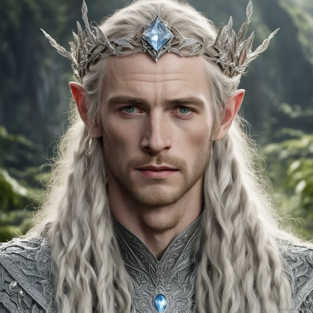 aitolkien king oropher with blonde hair and braids wearing silver laurel leaf elvish circlet heavily encrusted with diamonds with large center circular diamond