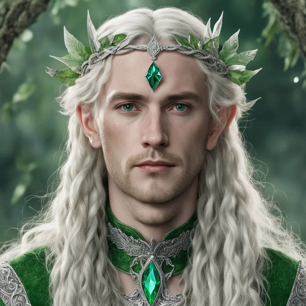 aitolkien king oropher with blonde hair and braids wearing silver leaves encrusted with diamonds forming a silver elvish circlet with large green center diamond  good looking trending fantastic 1