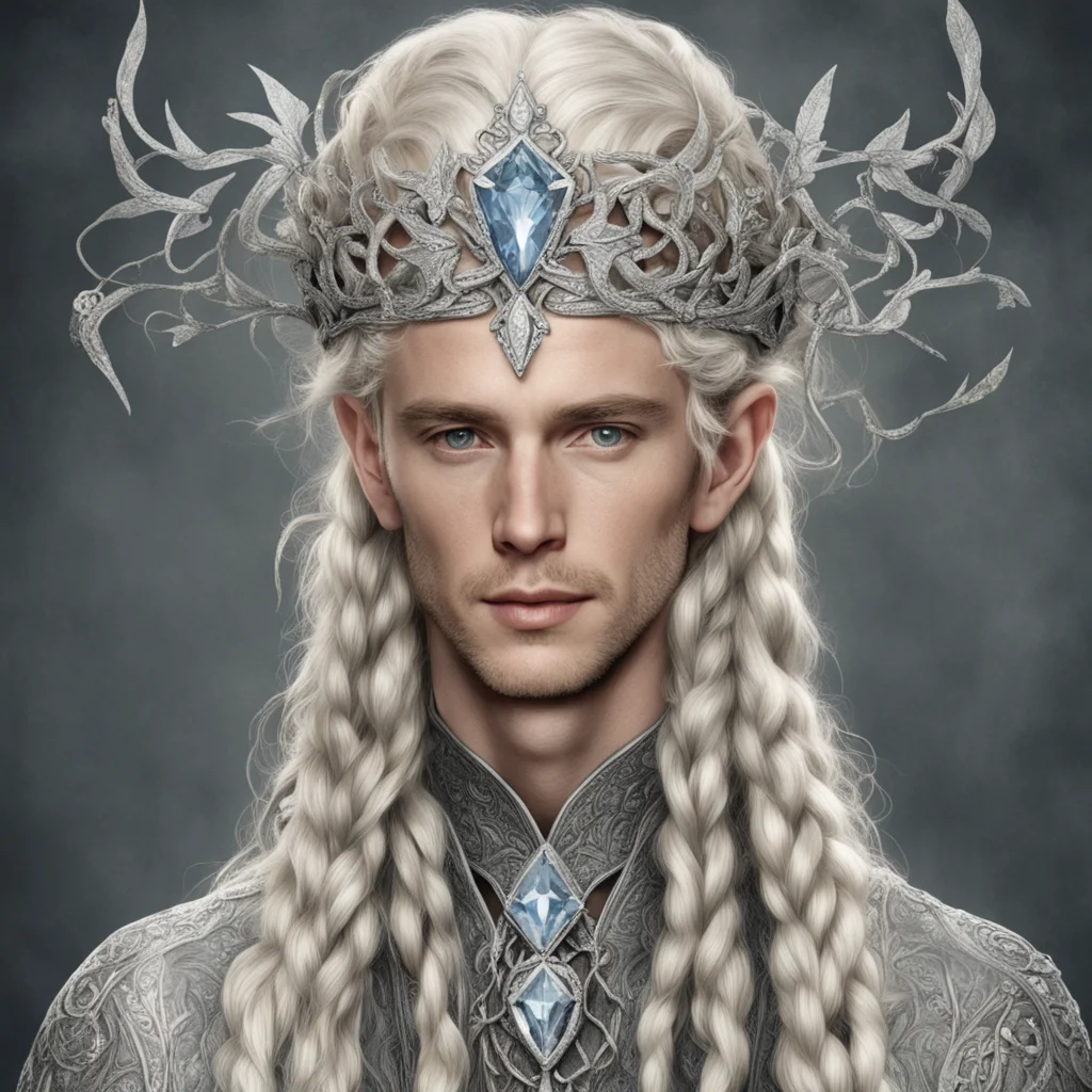 aitolkien king oropher with blonde hair and braids wearing silver oak leaf encrusted with diamonds forming a silver serpentine elvish circlet with large center diamond amazing awesome portrait 2