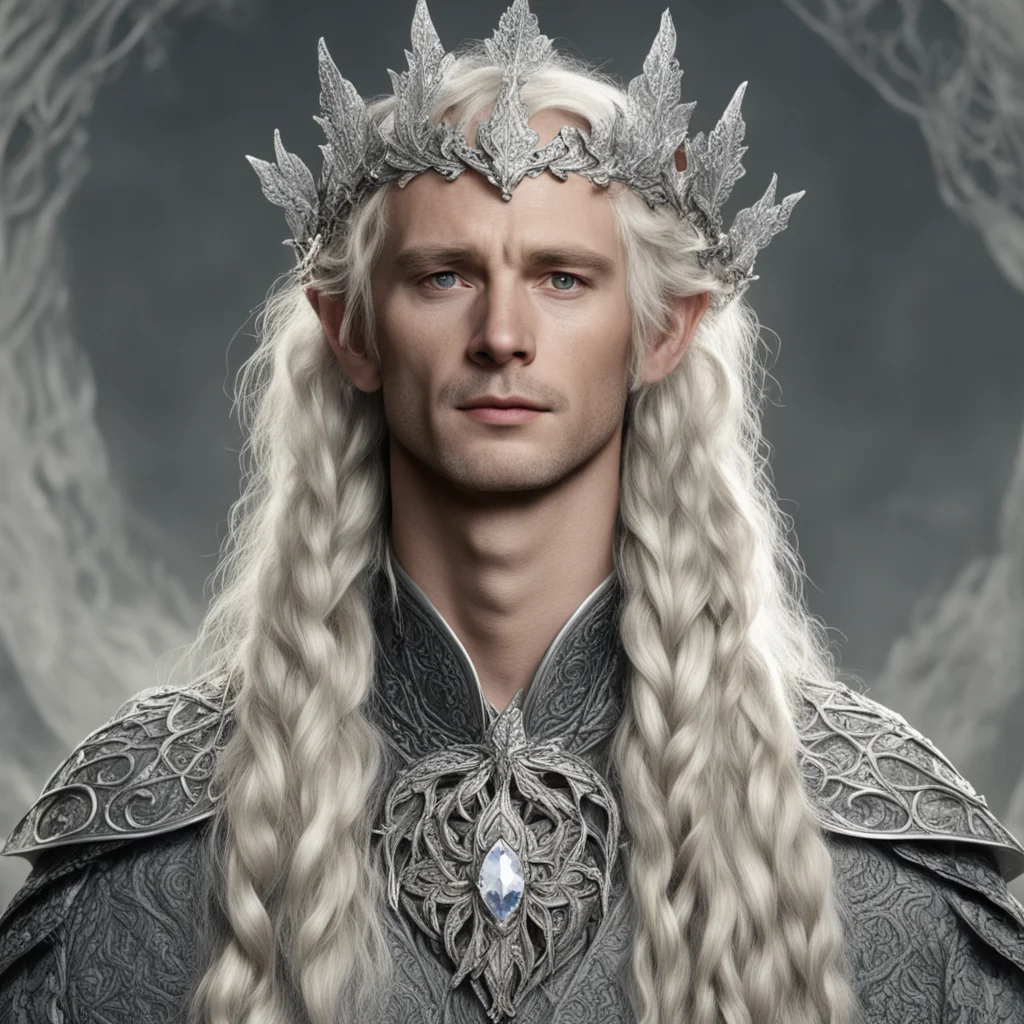 tolkien king oropher with blonde hair and braids wearing silver oak leaf encrusted with diamonds forming a silver serpentine elvish circlet with large center diamond confident engaging wow artstatio