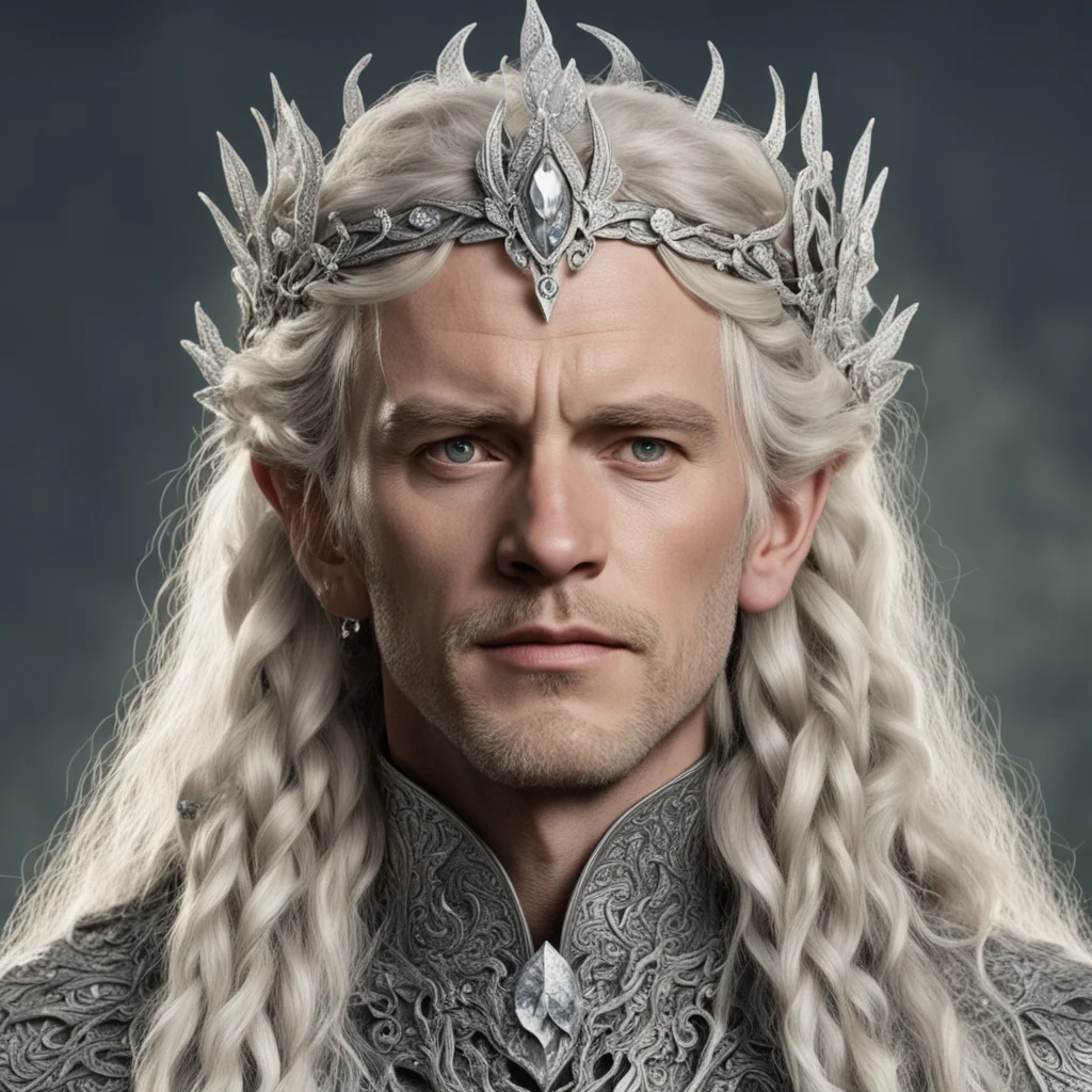aitolkien king oropher with blonde hair and braids wearing silver oak leaf encrusted with diamonds forming a silver serpentine elvish circlet with large center diamond