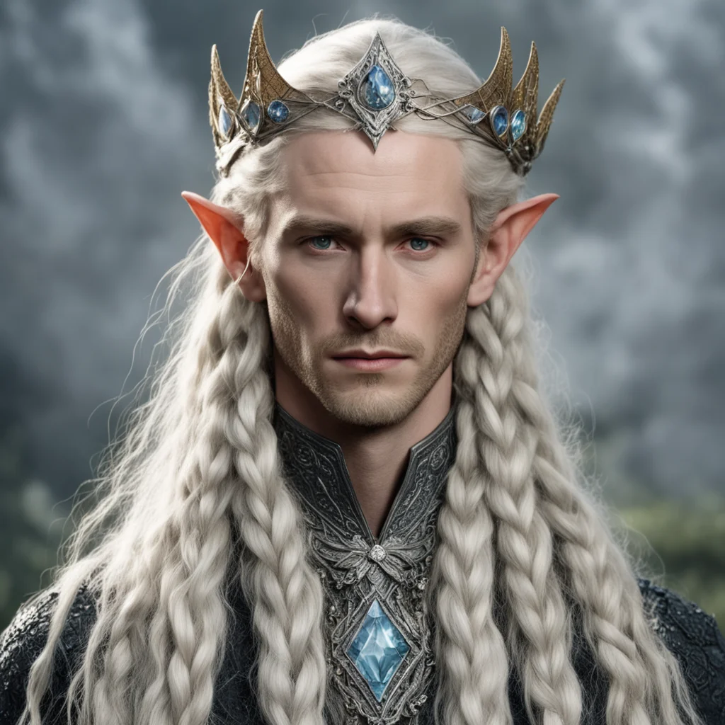 tolkien king oropher with blonde hair and braids wearing silver serpentine sindarin elvish circlet encrusted with diamonds with large center diamond  amazing awesome portrait 2