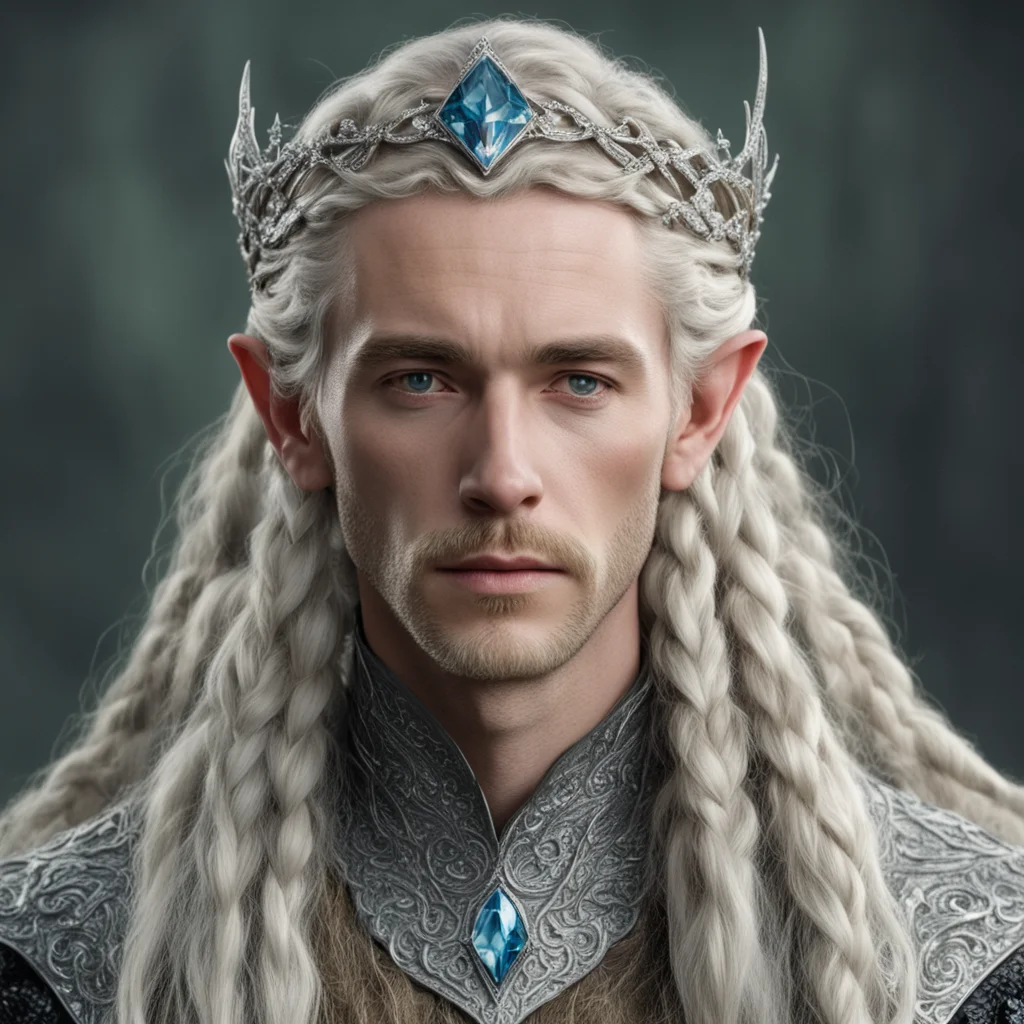 aitolkien king oropher with blonde hair and braids wearing silver serpentine sindarin elvish circlet encrusted with diamonds with large center diamond  good looking trending fantastic 1