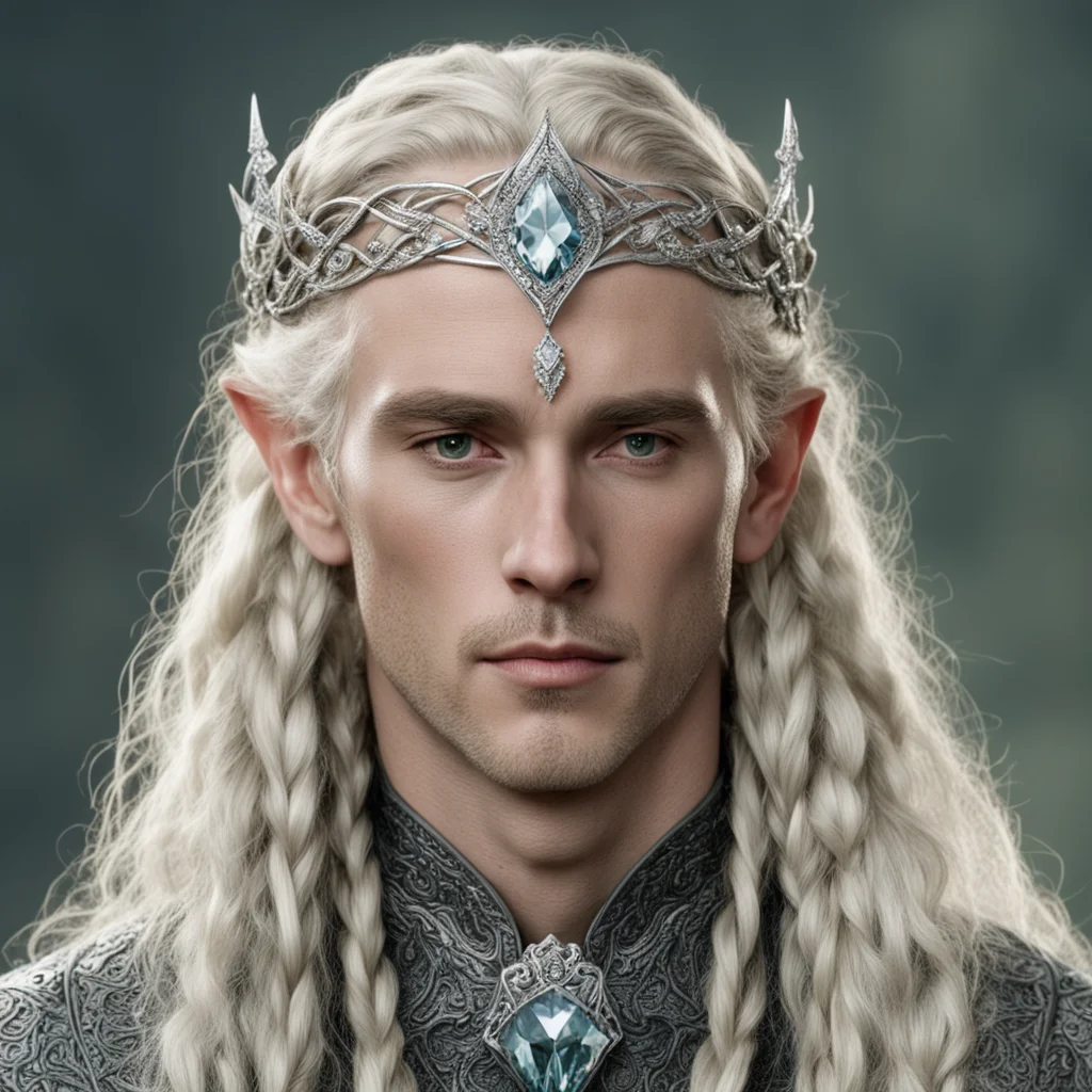 aitolkien king oropher with blonde hair and braids wearing silver serpentine sindarin elvish circlet encrusted with diamonds with large center diamond 