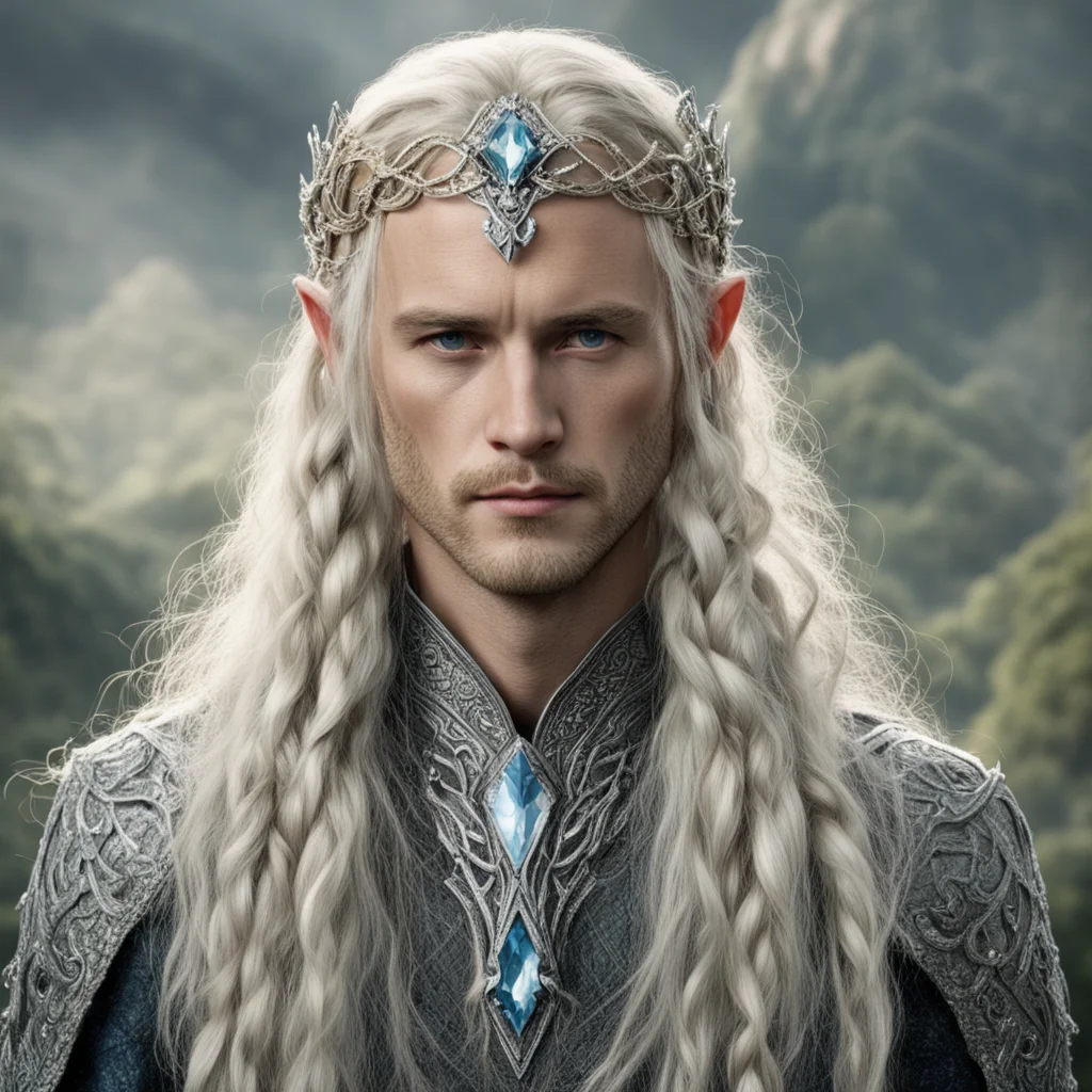 aitolkien king oropher with blonde hair and braids wearing silver serpentine sindarin elvish circlet encrusted with diamonds with large center diamond amazing awesome portrait 2