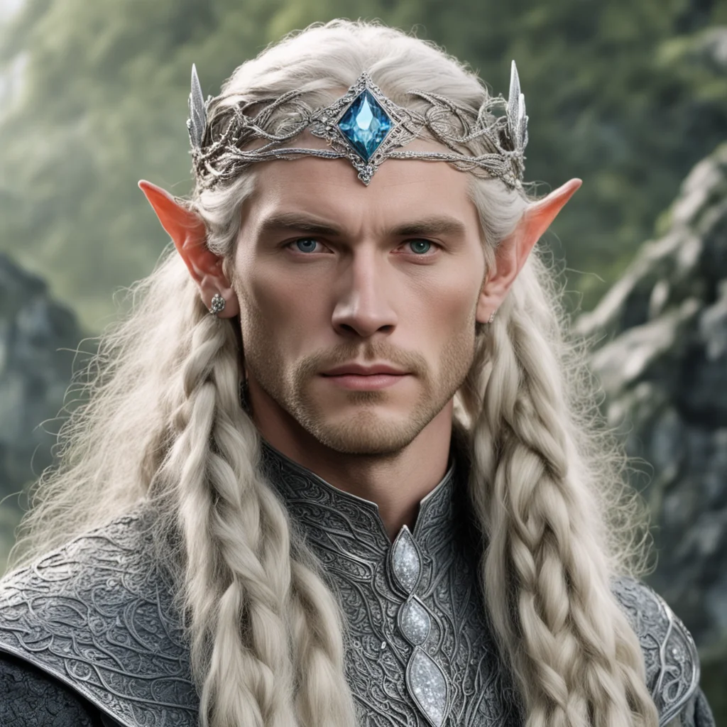 tolkien king oropher with blonde hair and braids wearing silver serpentine sindarin elvish circlet encrusted with diamonds with large center diamond confident engaging wow artstation art 3