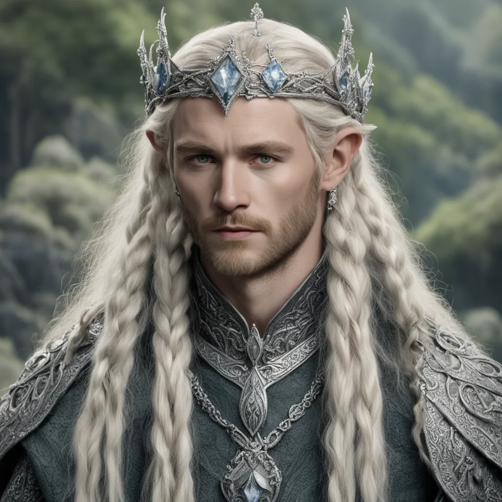 aitolkien king oropher with blonde hair and braids wearing silver serpentine sindarin elvish coronet encrusted with diamonds with large center diamond amazing awesome portrait 2