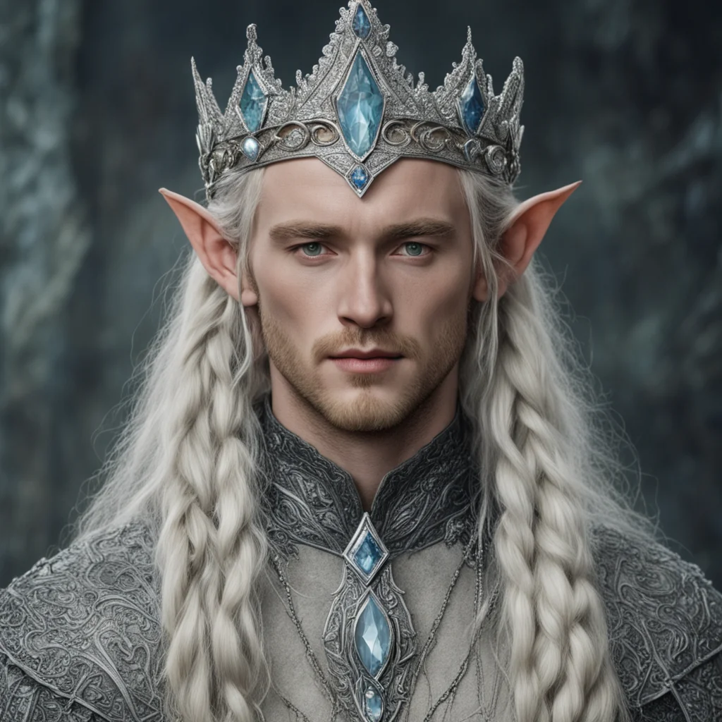 aitolkien king oropher with blonde hair and braids wearing silver serpentine sindarin elvish coronet encrusted with diamonds with large center diamond