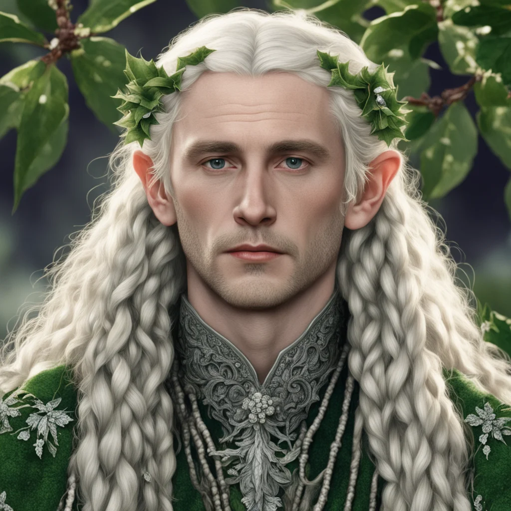 aitolkien king oropher with blonde hair with braids wearing holly leaves made of silver and berries made of diamonds confident engaging wow artstation art 3