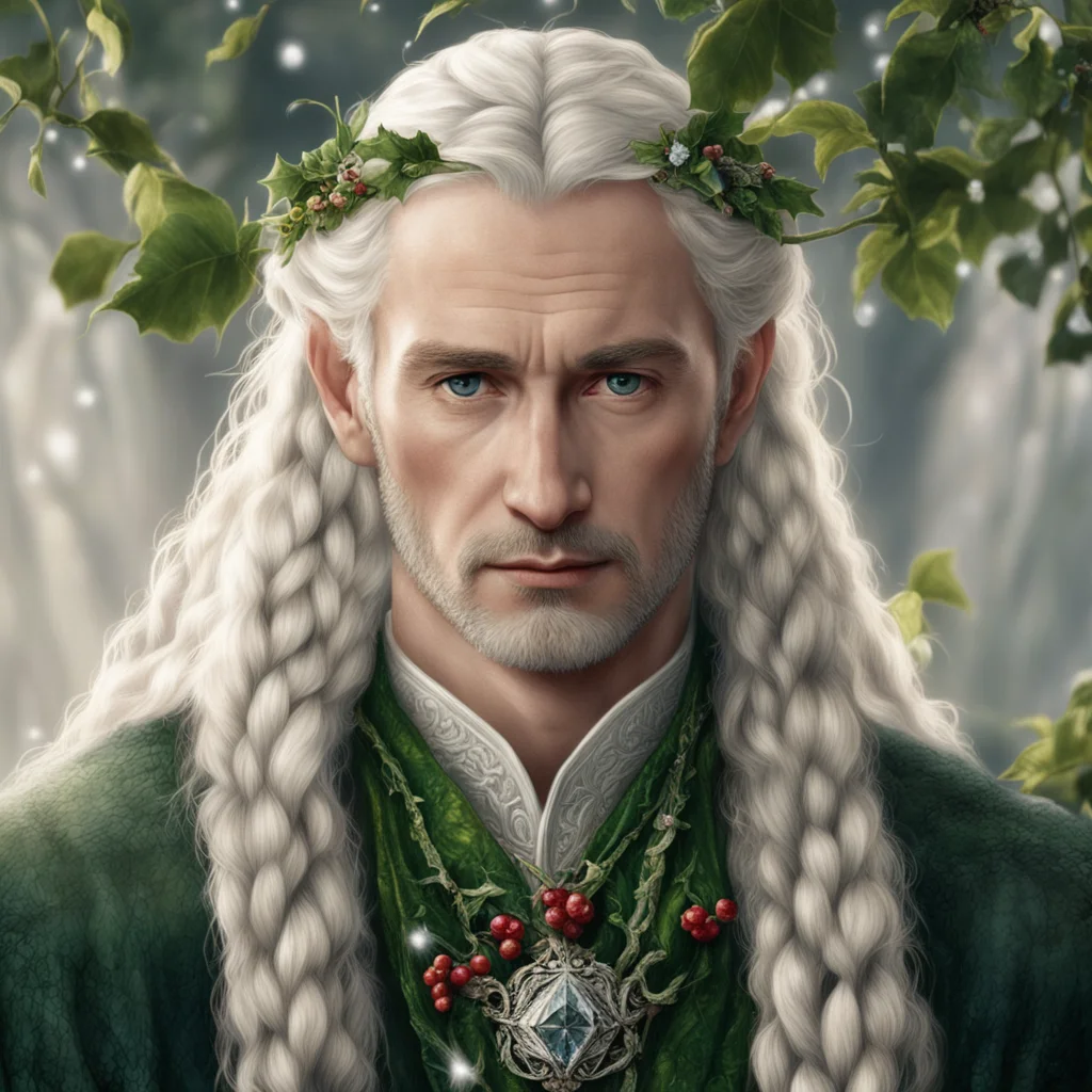 tolkien king oropher with blonde hair with braids wearing holly leaves made of silver and berries made of diamonds