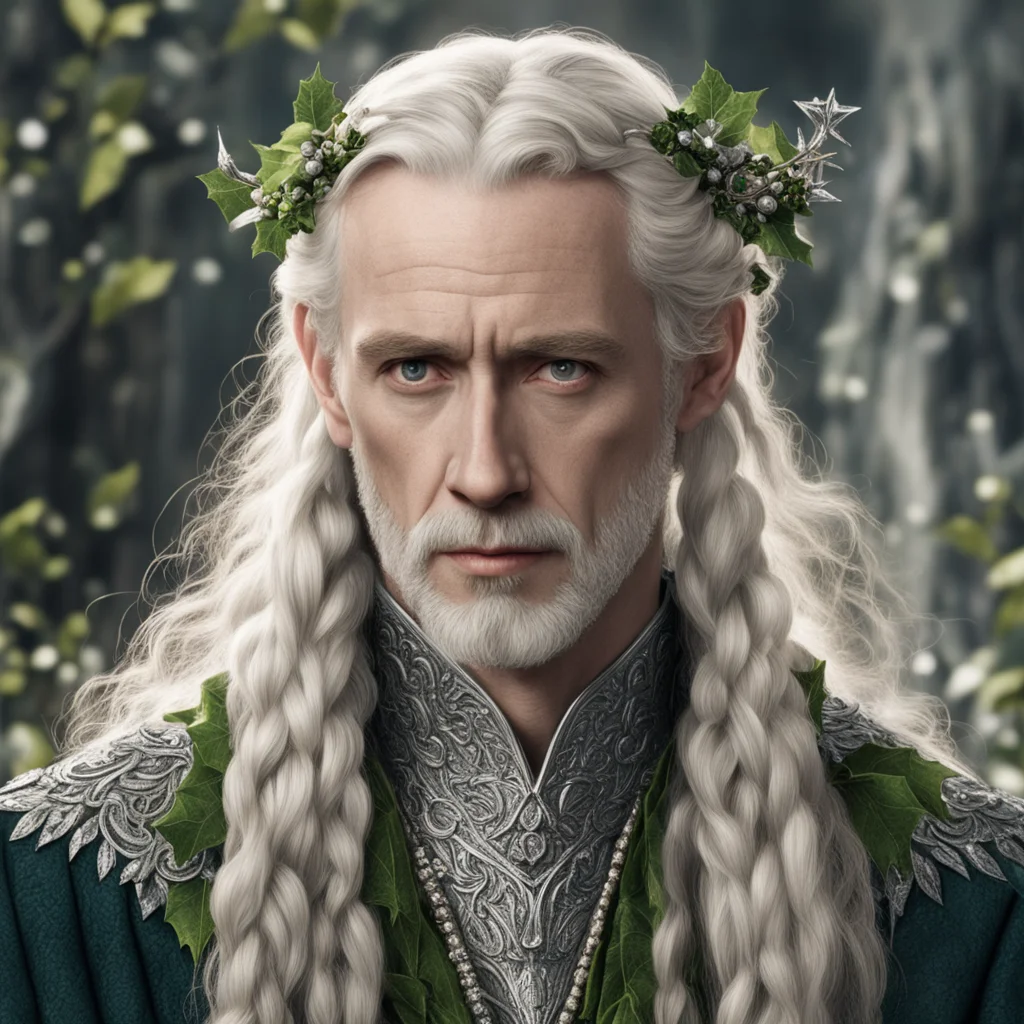 aitolkien king oropher with blonde hair with braids wearing silver holly leaves and berries made from diamonds confident engaging wow artstation art 3