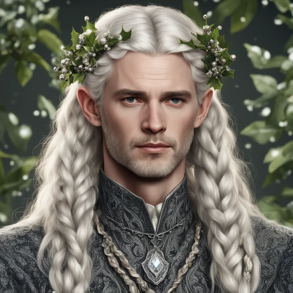 tolkien king oropher with blonde hair with braids wearing silver holly leaves and berries made from diamonds