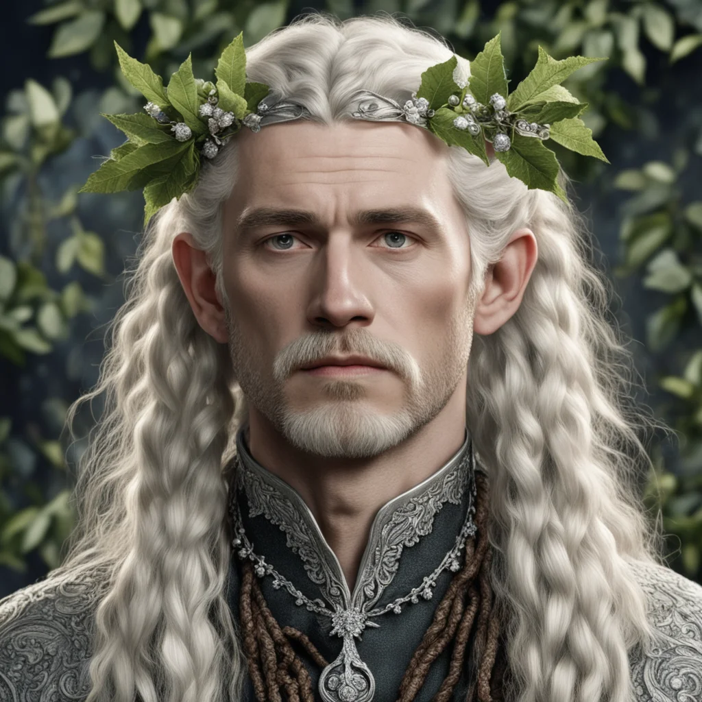 aitolkien king oropher with blonde hair with braids wearing silver holly leaves with berries made from diamonds good looking trending fantastic 1