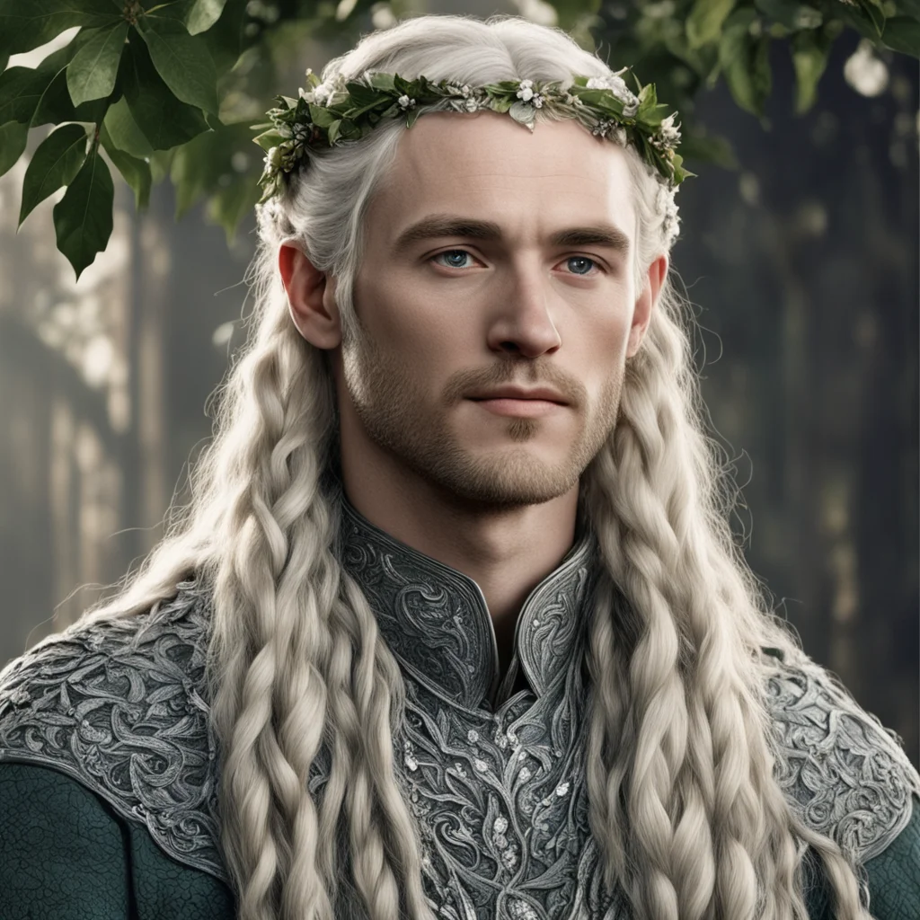 tolkien king oropher with blonde hair with braids wearing silver holly leaves with berries made from diamonds
