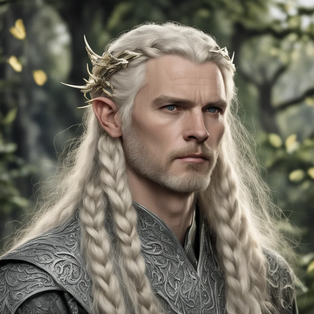 aitolkien king oropher with blonde hair with braids wearing silver oak leaf elven hair forks with diamonds  confident engaging wow artstation art 3