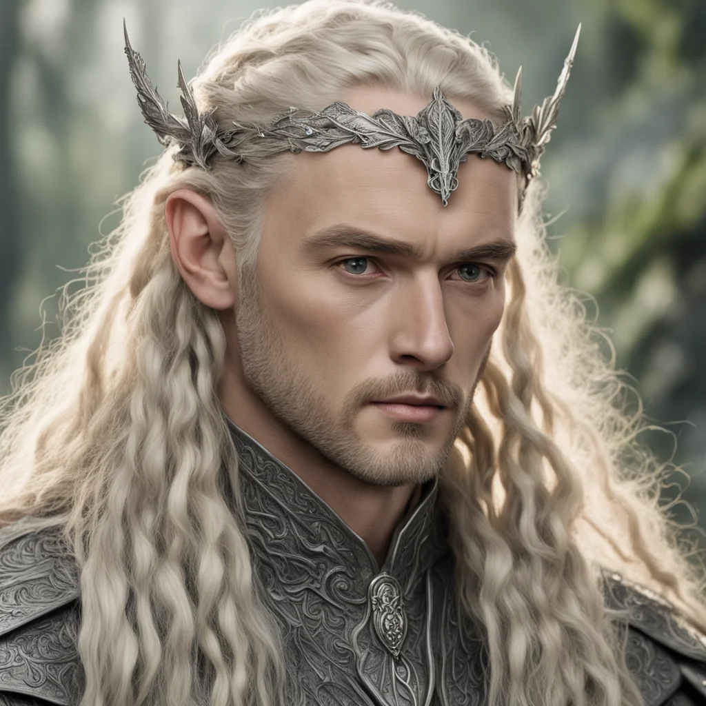 aitolkien king oropher with blonde hair with braids wearing silver oak leaf elven hair forks with diamonds  good looking trending fantastic 1