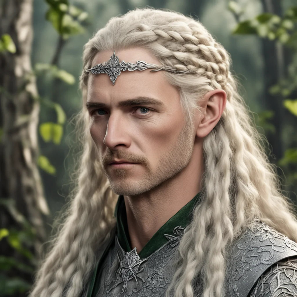 aitolkien king oropher with blonde hair with braids wearing silver oak leaf elven hair forks with diamonds 