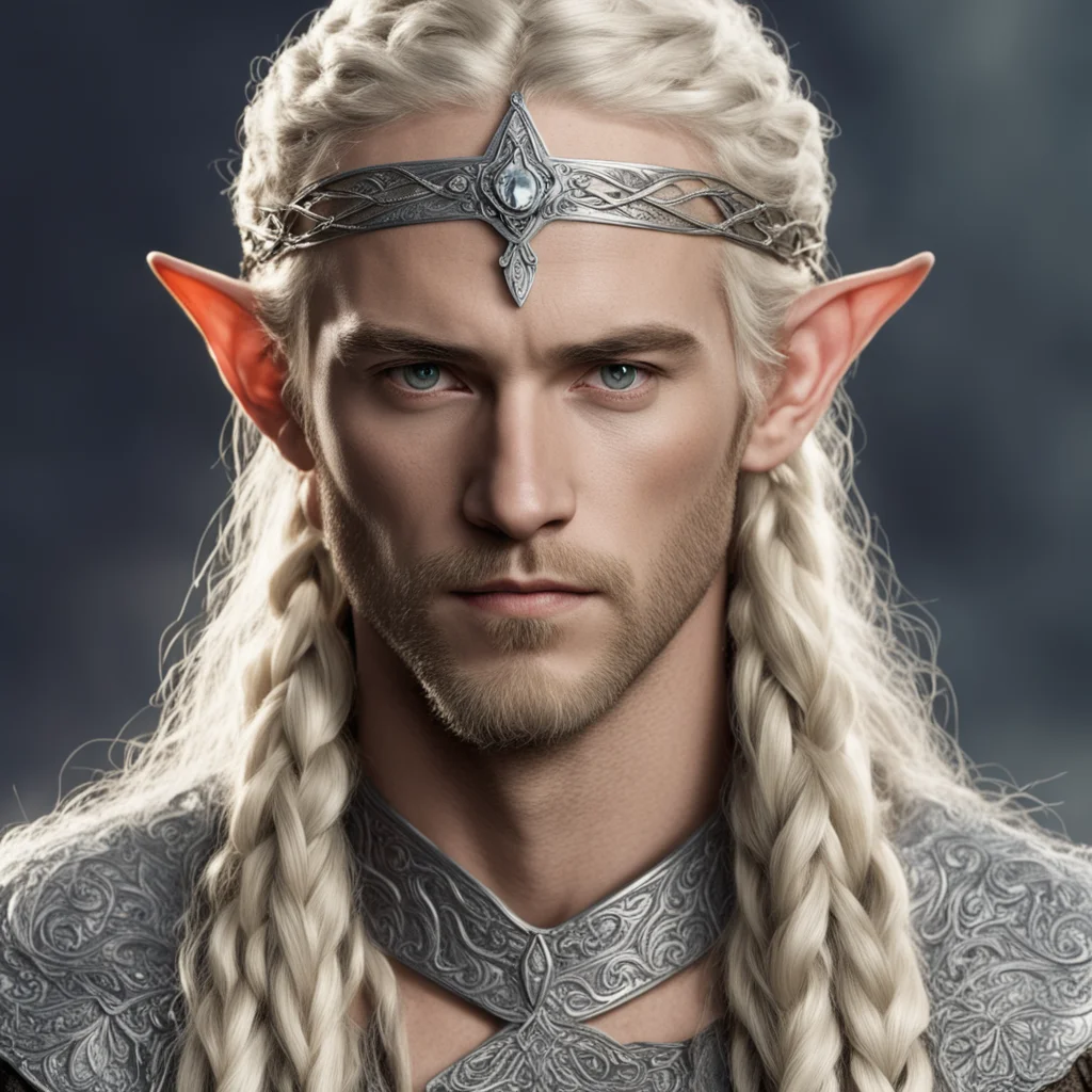 aitolkien king oropher with blonde hair with braids wearing silver sindar elven circlet with diamonds good looking trending fantastic 1