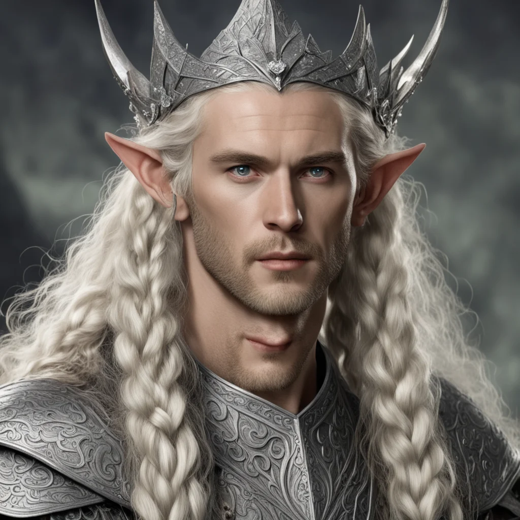 aitolkien king oropher with blonde hair with braids wearing silver wood elf crown with diamonds