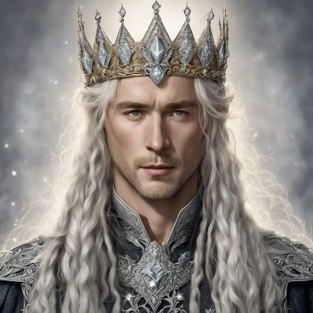 aitolkien king oropher with golden hair and braids wearing silver flowers encrusted with diamonds forming a silver elvish crown with large center diamond  good looking trending fantastic 1