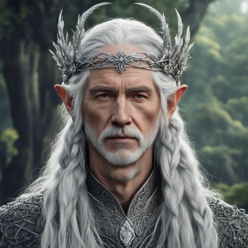 aitolkien king oropher with silver hair with braids wearing silver flower elvish circlet encrusted with diamonds amazing awesome portrait 2