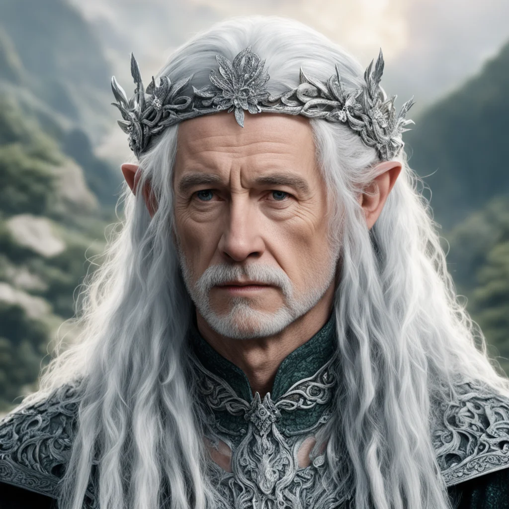 tolkien king oropher with silver hair with braids wearing silver flower elvish circlet encrusted with diamonds