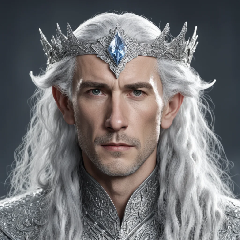 aitolkien king thingol with silver hair and braids wearing silver elvish circlet encrusted with diamonds with large center diamond good looking trending fantastic 1