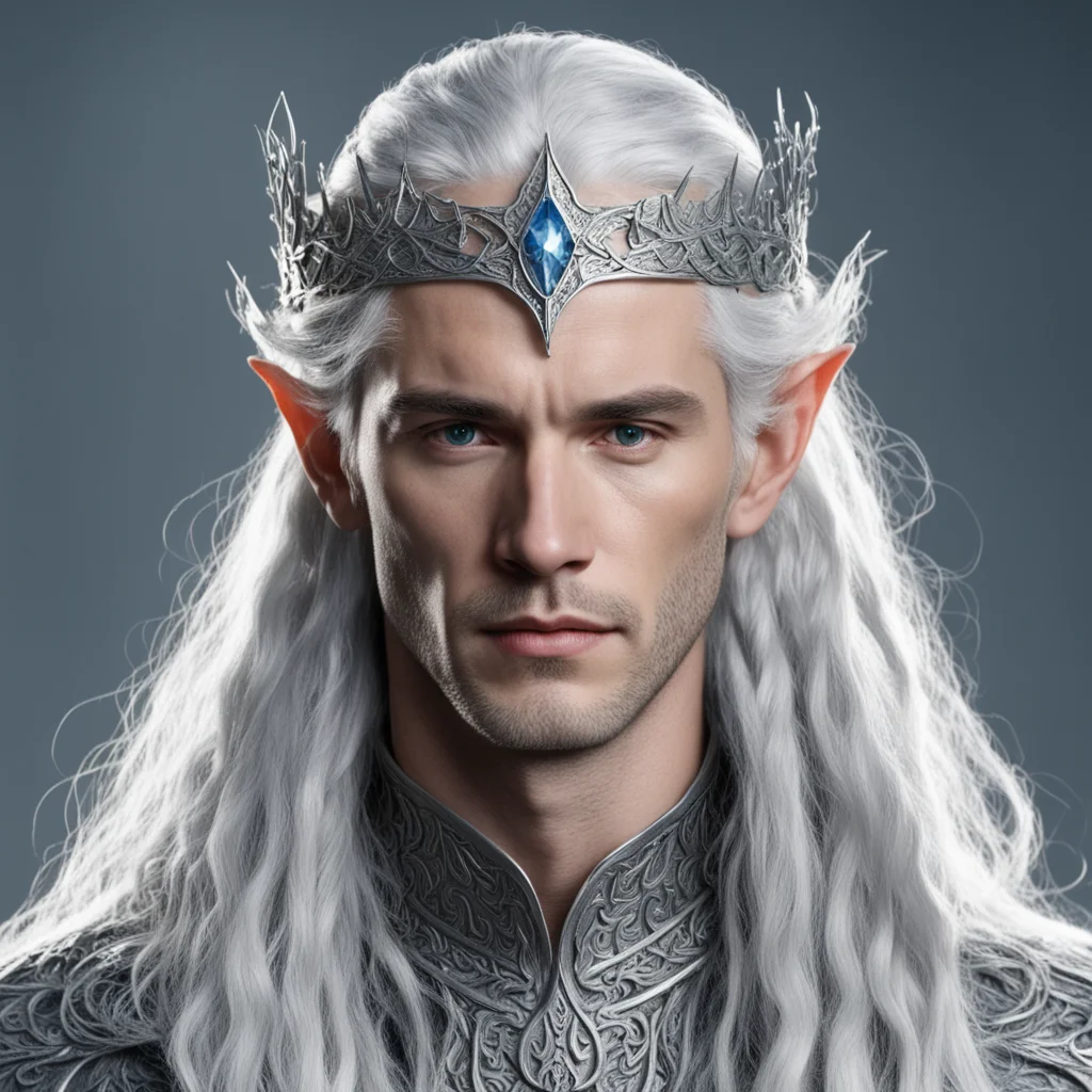 aitolkien king thingol with silver hair and braids wearing silver serpentine elvish circlet with large center diamond