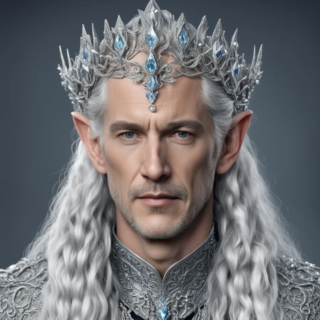 tolkien king thingol with silver hair and braids wearing silver vines encrusted with diamonds and clusters of diamonds forming a silver serpentine elvish coronet with large center diamond amazing aw