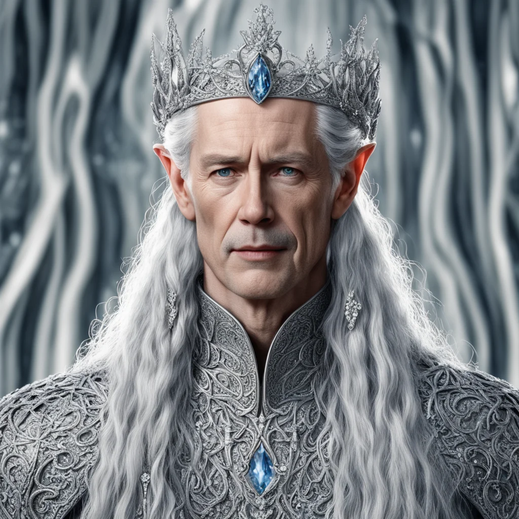 aitolkien king thingol with silver hair and braids wearing silver vines encrusted with diamonds and clusters of diamonds forming a silver serpentine elvish coronet with large center diamond