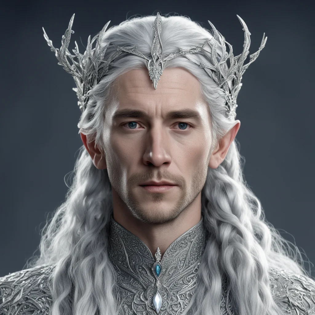 tolkien king thingol with silver hair and braids wearing small silver leaves encrusted with diamonds intertwined to form a silver serpentine sindarin elvish circlet with large center diamond amazing