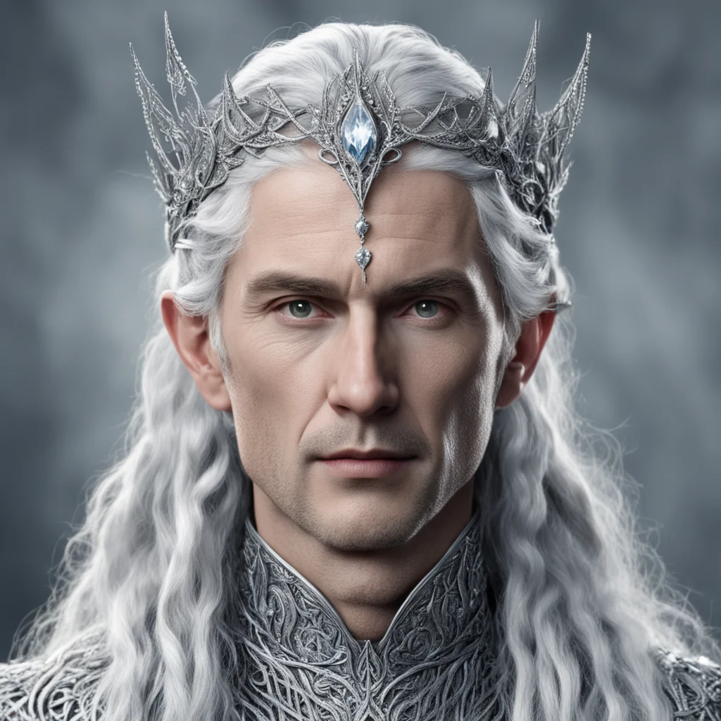 tolkien king thingol with silver hair and braids wearing small silver leaves encrusted with diamonds intertwined to form a silver serpentine sindarin elvish circlet with large center diamond good lo