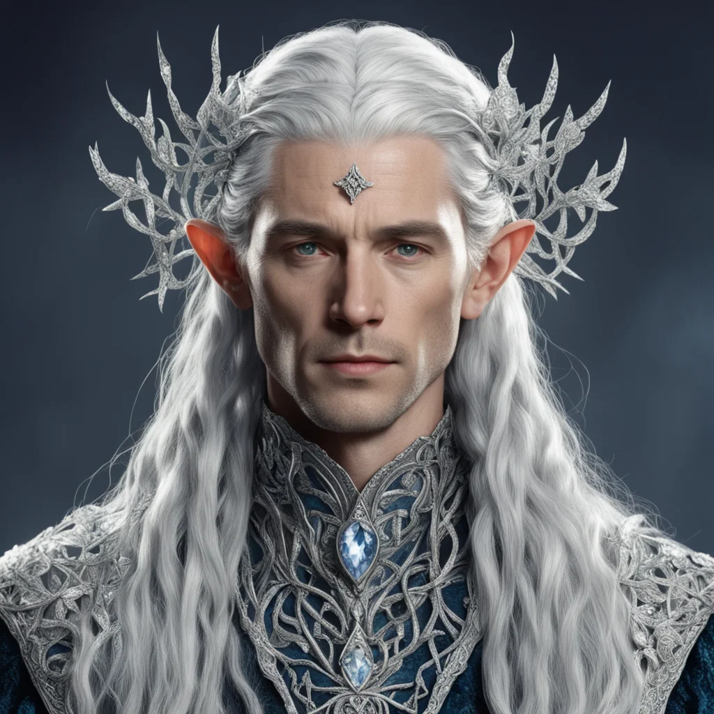 aitolkien king thingol with silver hair and braids wearing small silver leaves encrusted with diamonds intertwined to form a silver serpentine sindarin elvish circlet with large center diamond