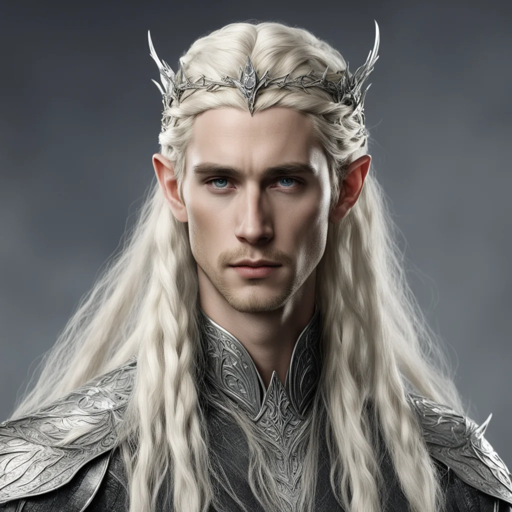 aitolkien king thranduil  with blond hair with braids wearing silver leaf elven circlet with diamonds