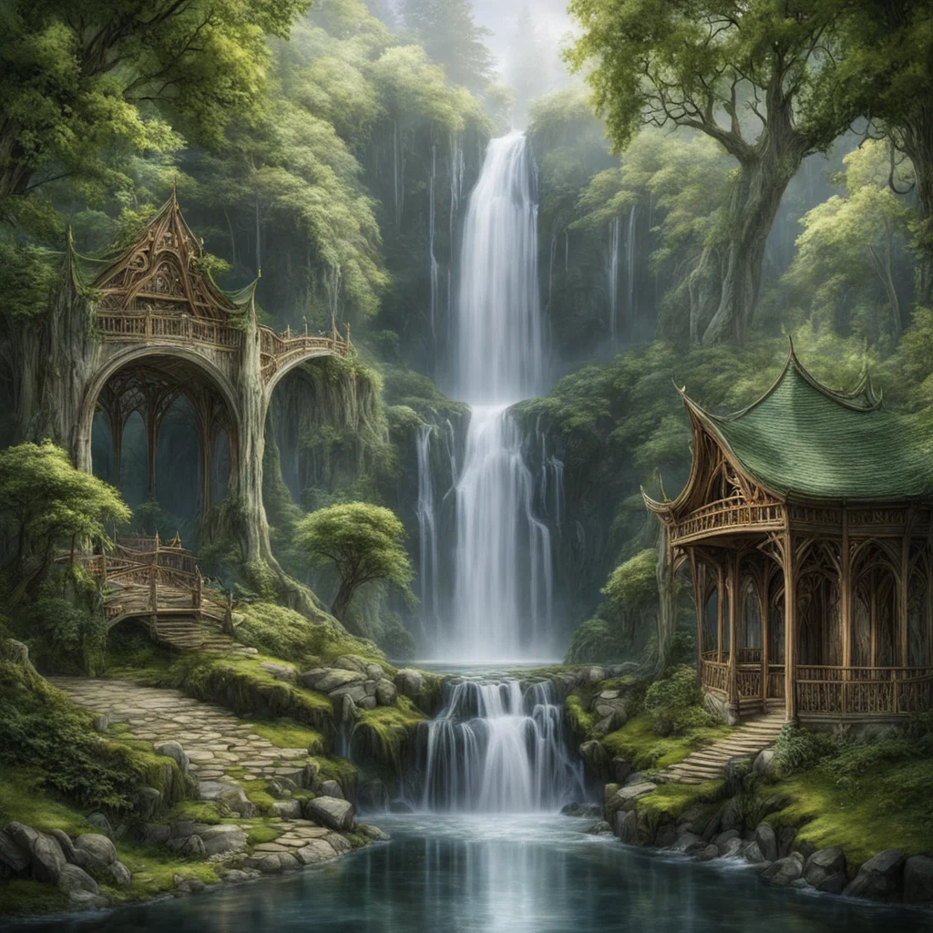aitolkien king thranduil halls with gazebo and elvish bridges with waterfalls 
