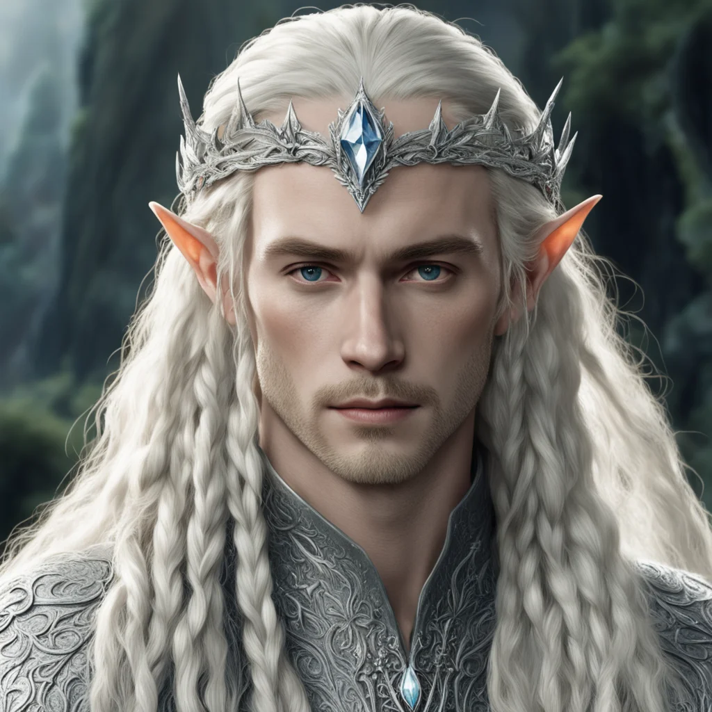 tolkien king thranduil with blond hair amd braids wearing silver flower encrusted with diamonds forming a silver elvish circlet encrusted with diamonds with large center diamond  good looking trendi