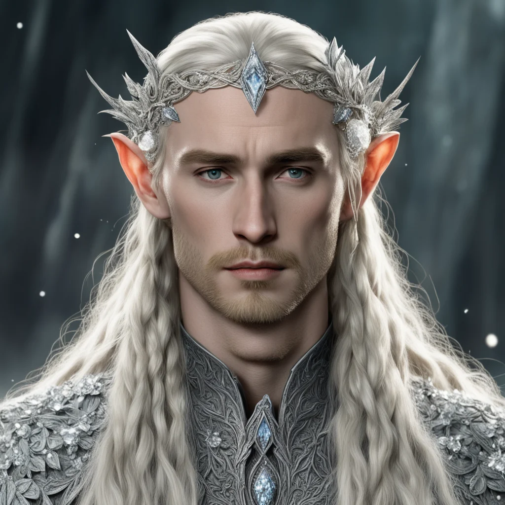 tolkien king thranduil with blond hair amd braids wearing silver flower encrusted with diamonds forming a silver elvish circlet encrusted with diamonds with large center diamond 