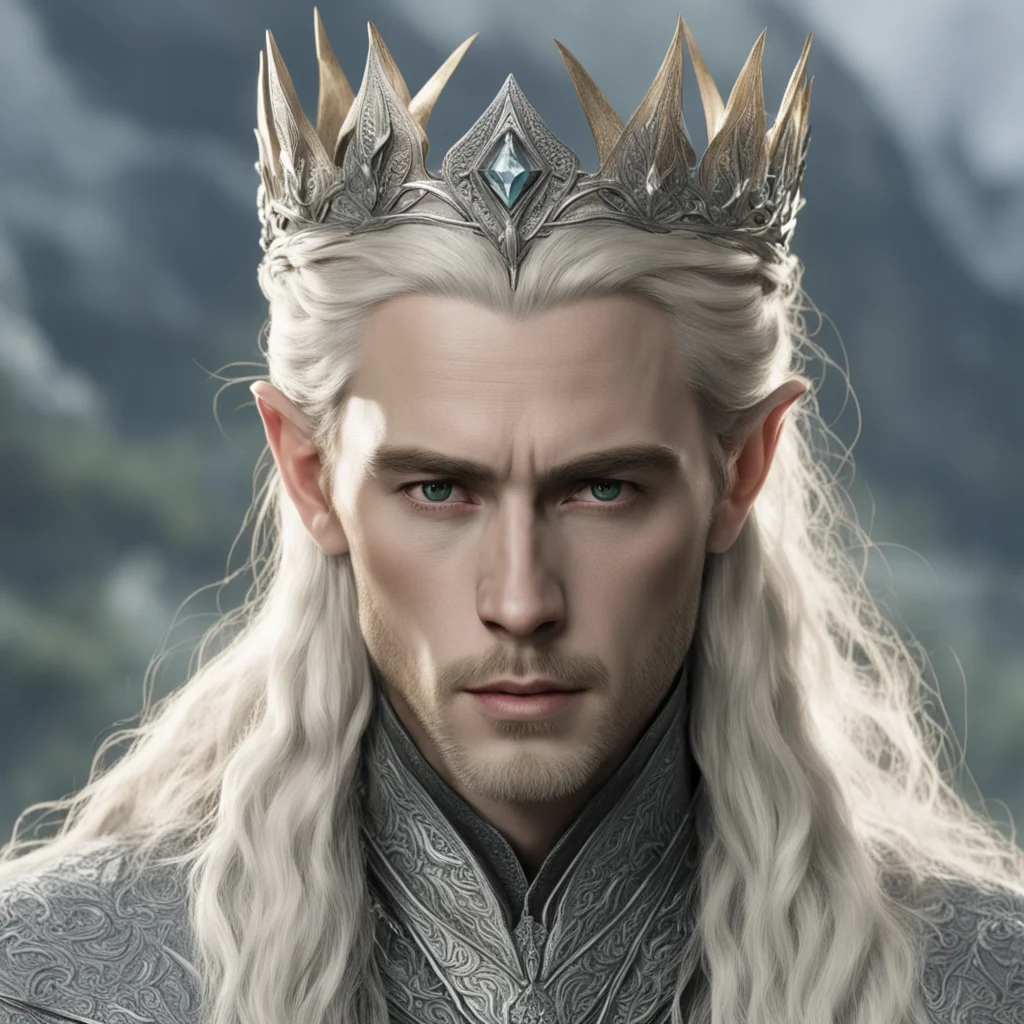 tolkien king thranduil with blond hair and braids wearing a silver sindarin elvish crown with large center diamond amazing awesome portrait 2