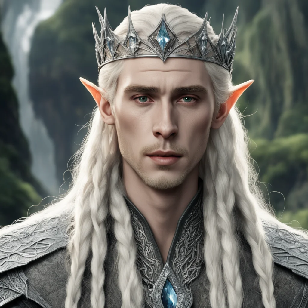 aitolkien king thranduil with blond hair and braids wearing a silver sindarin elvish crown with large center diamond confident engaging wow artstation art 3