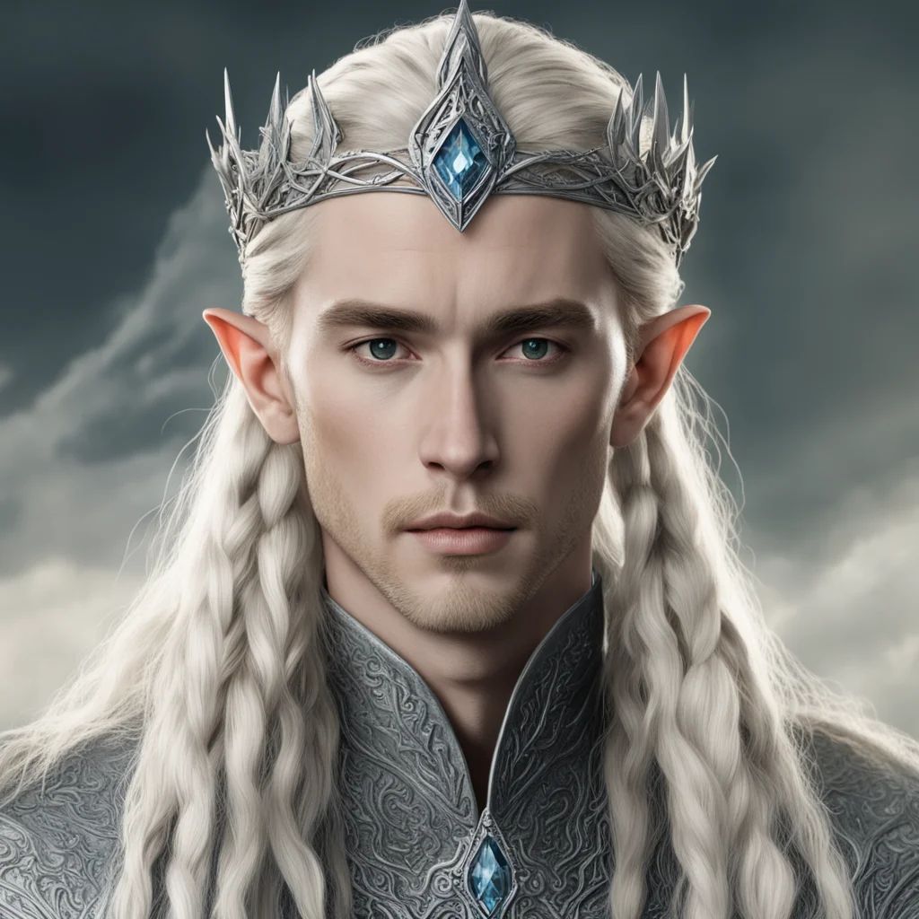 aitolkien king thranduil with blond hair and braids wearing a silver sindarin elvish crown with large center diamond