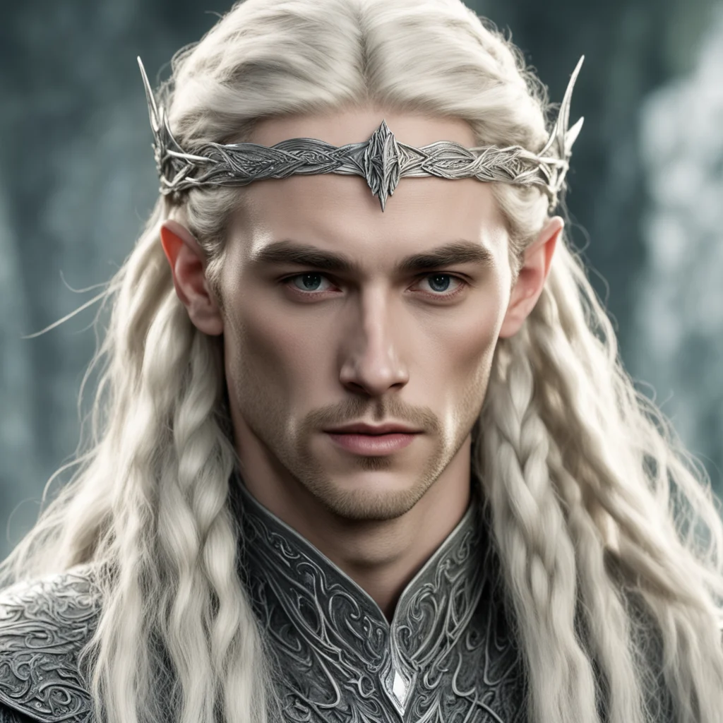 aitolkien king thranduil with blond hair and braids wearing a small thin silver nandorin elvish circlet with large center diamond  good looking trending fantastic 1