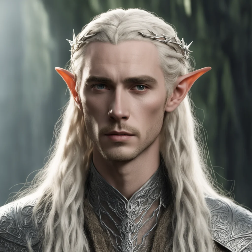 tolkien king thranduil with blond hair and braids wearing a small thin silver nandorin elvish circlet with large center diamond 