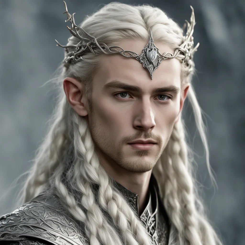 aitolkien king thranduil with blond hair and braids wearing a small thin silver serpentine nandorin elvish circlet with center diamond amazing awesome portrait 2