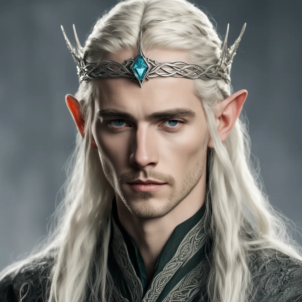 aitolkien king thranduil with blond hair and braids wearing a small thin silver serpentine nandorin elvish circlet with center diamond good looking trending fantastic 1