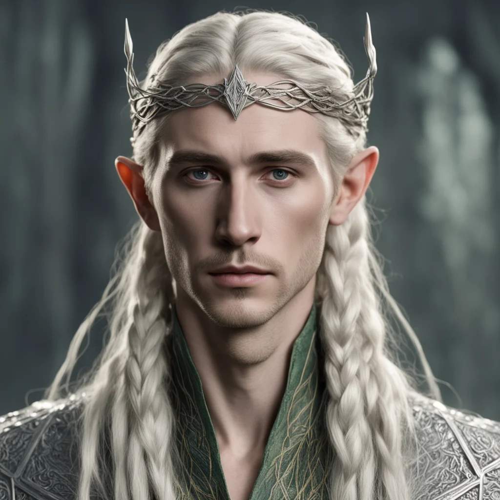 aitolkien king thranduil with blond hair and braids wearing a small thin silver serpentine nandorin elvish circlet with center diamond