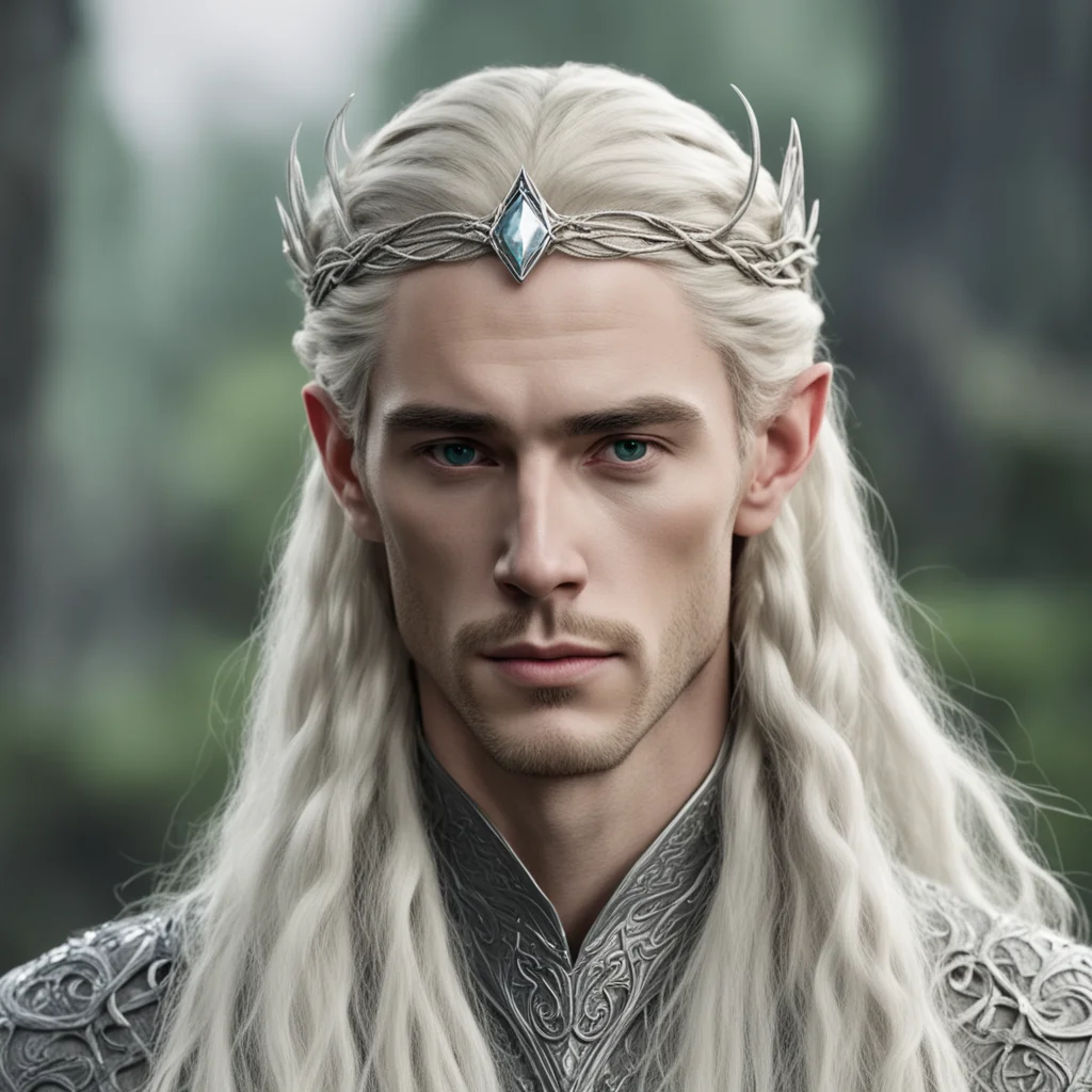 tolkien king thranduil with blond hair and braids wearing a small thin silver serpentine nandorin elvish circlet with large center diamond amazing awesome portrait 2