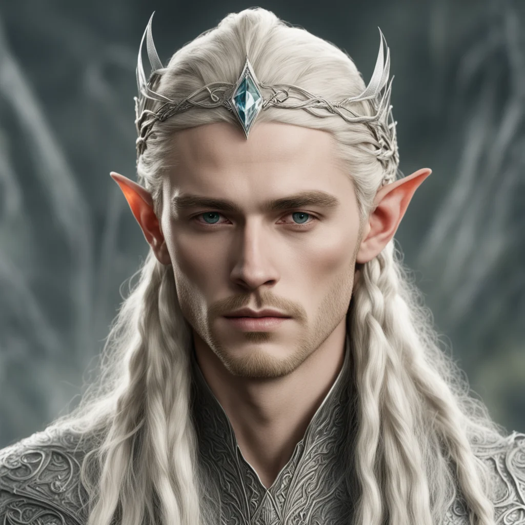 tolkien king thranduil with blond hair and braids wearing a small thin silver serpentine nandorin elvish circlet with large center diamond good looking trending fantastic 1
