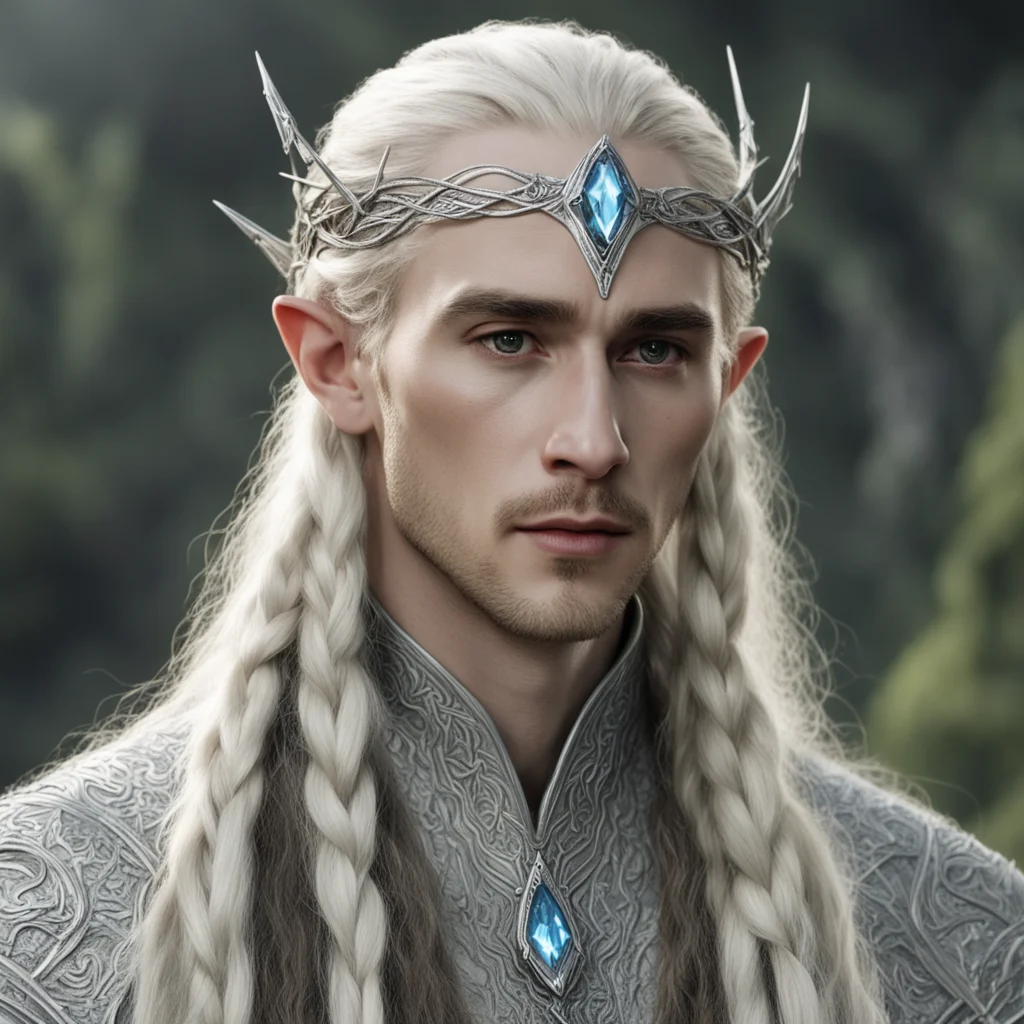 tolkien king thranduil with blond hair and braids wearing a small thin silver serpentine nandorin elvish circlet with large center diamond