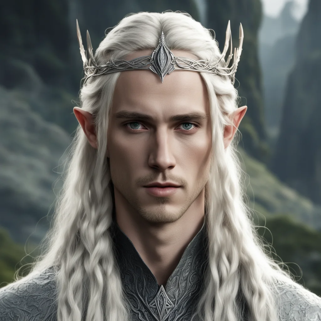 aitolkien king thranduil with blond hair and braids wearing a small thin silver serpentine sindarin elvish circlet with center diamond good looking trending fantastic 1