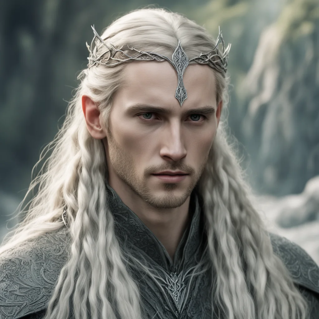 aitolkien king thranduil with blond hair and braids wearing a small thin silver serpentine sindarin elvish circlet with center diamond